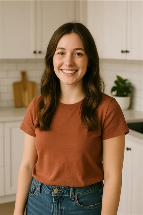 young woman smiling in a bright kitchen after a home flooring upgrade
