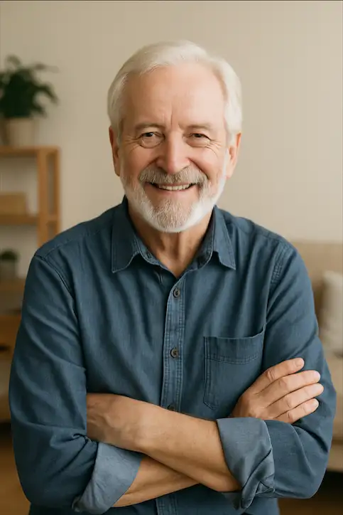 Older man smiling with arms crossed in a bright Ottawa living room after flooring installation