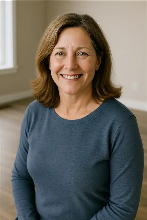 Middle aged woman, customer, with light brown hair smiling warmly in her Ottawa home A natural light portrait of Lisa M. sitting confidently in her living room, with soft brown flooring and a bright atmosphere behind her. Her kind smile reflects her positive experience with Fix It Ottawa’s flooring services.