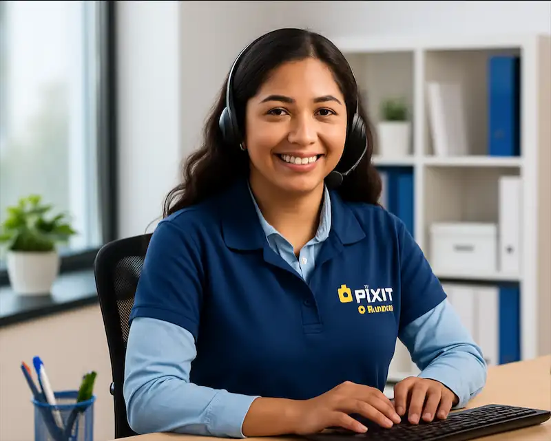 Smiling employee woman working as a FixItOttawa customer support operator in a modern office