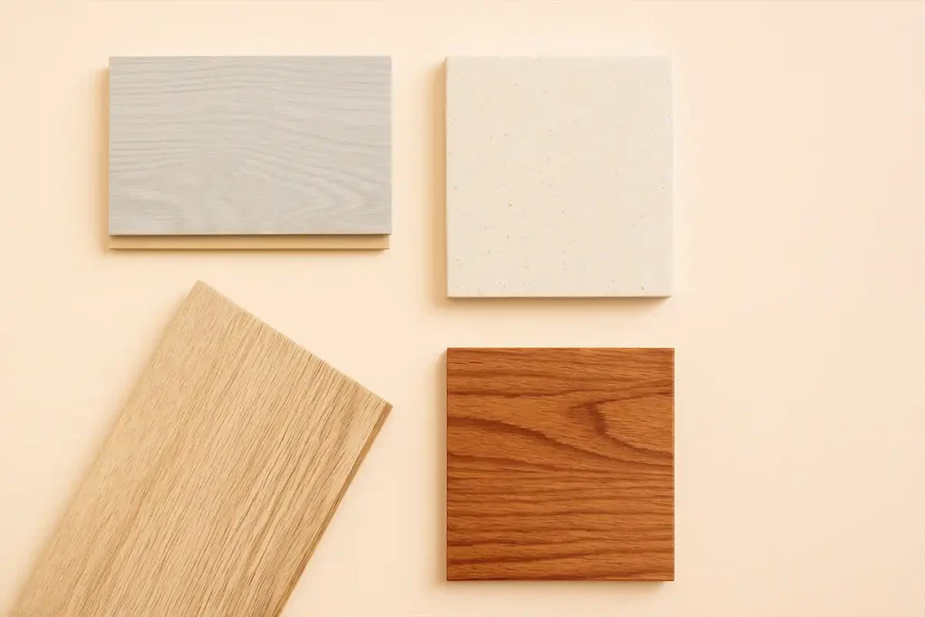 Top-down view of vinyl, laminate, tile, and hardwood flooring samples on a neutral background