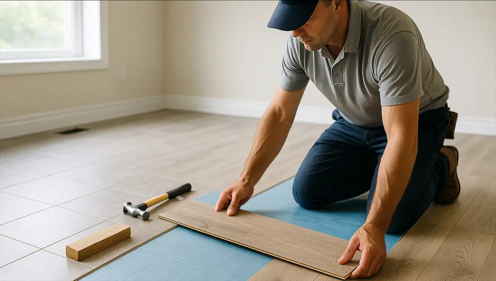 Professional handyman laying laminate flooring over tile in a bright Ottawa home