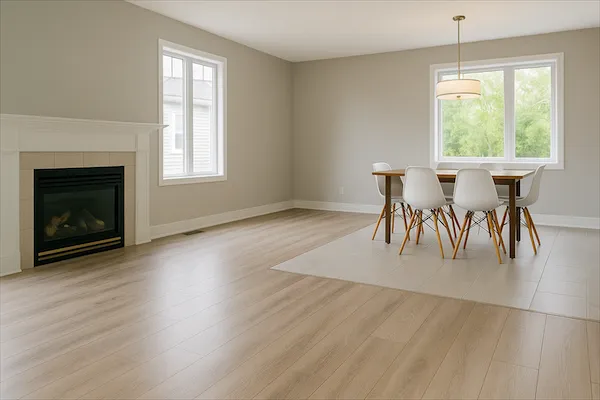 New laminate and tile flooring installed in a spacious Ottawa home living and dining area