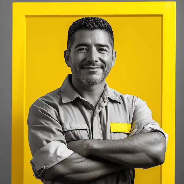 Professional handyman in grey uniform with arms crossed, offering cabinet and tile installation in Ottawa