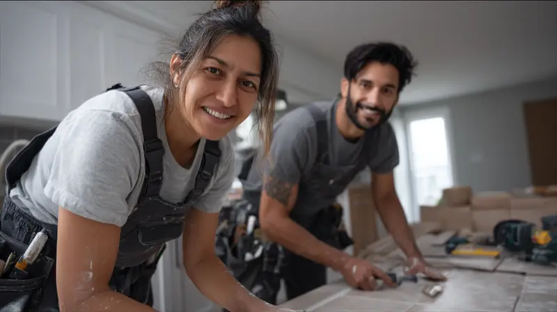 Fix it Ottawa employees in overalls and tool belts smile as they lay tile flooring together in a bright, modern kitchen.