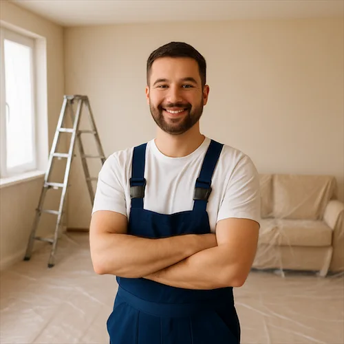 A handyman with folded arms smiling inside a covered living room during renovation