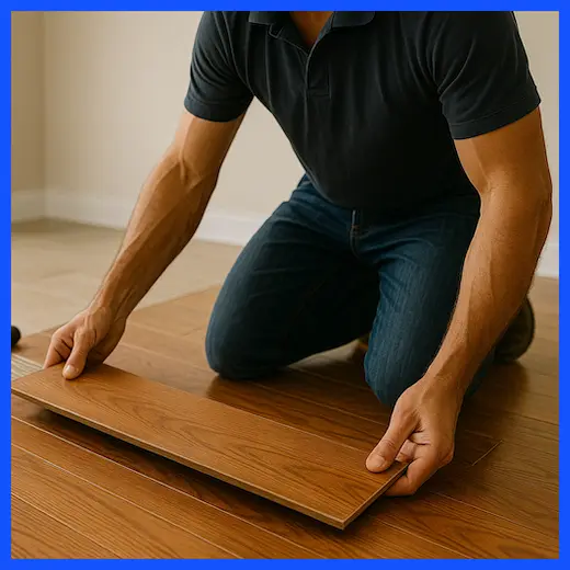 Installer fitting solid hardwood plank into a finished wood floor