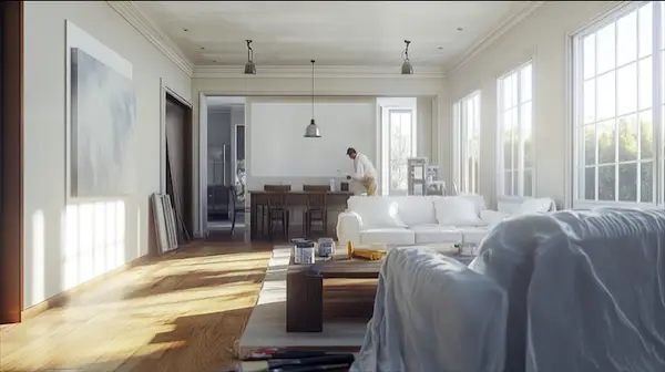 Spacious Ottawa living room with drop cloths and painting tools during interior wall painting