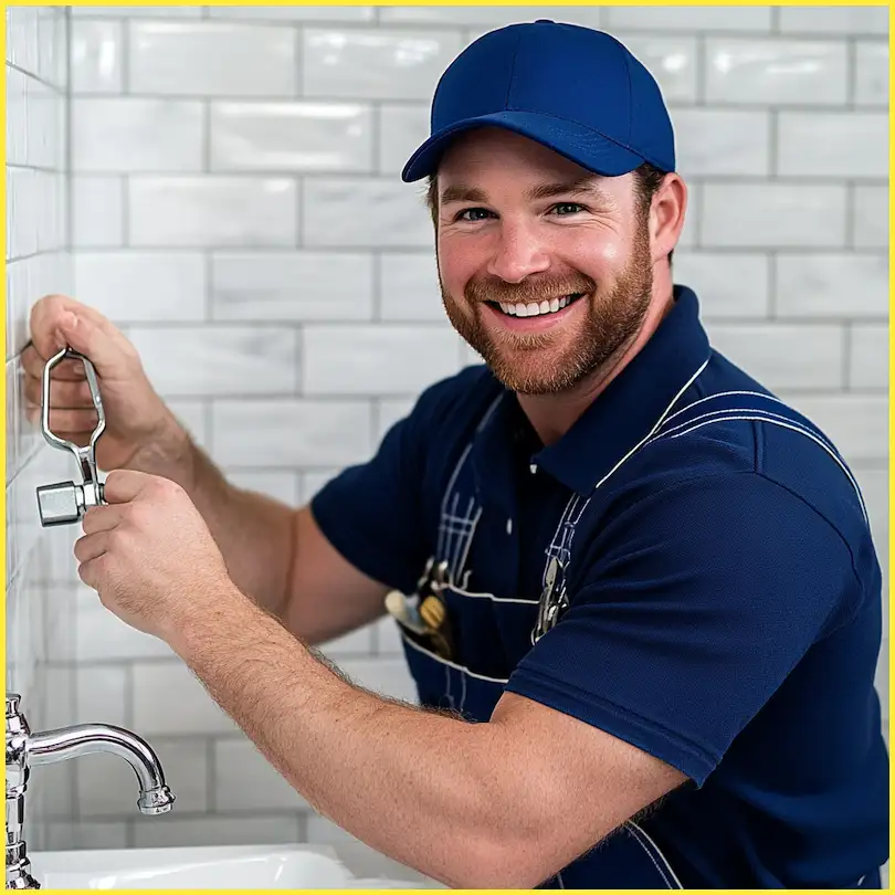 Handyman services Ottawa Barrheaven, Nepean, West End. Friendly handyman in blue cap and overalls installing a chrome bathroom fixture