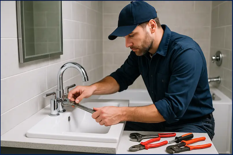 Licensed plumber installing chrome faucet in modern Ottawa bathroom
