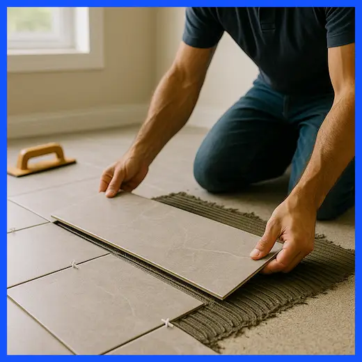 Handyman installing ceramic tiles using mortar in a clean Ottawa home